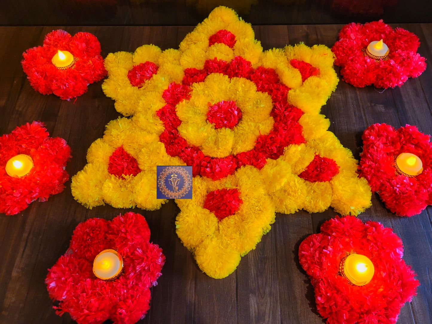 Indian Festive Pom Pom & Marigold Flower Rangoli Mat, Home/Entryway Decor, Tea Party Decor, New Home Gift, Front Door Decoration,Floral mats Rangoli set