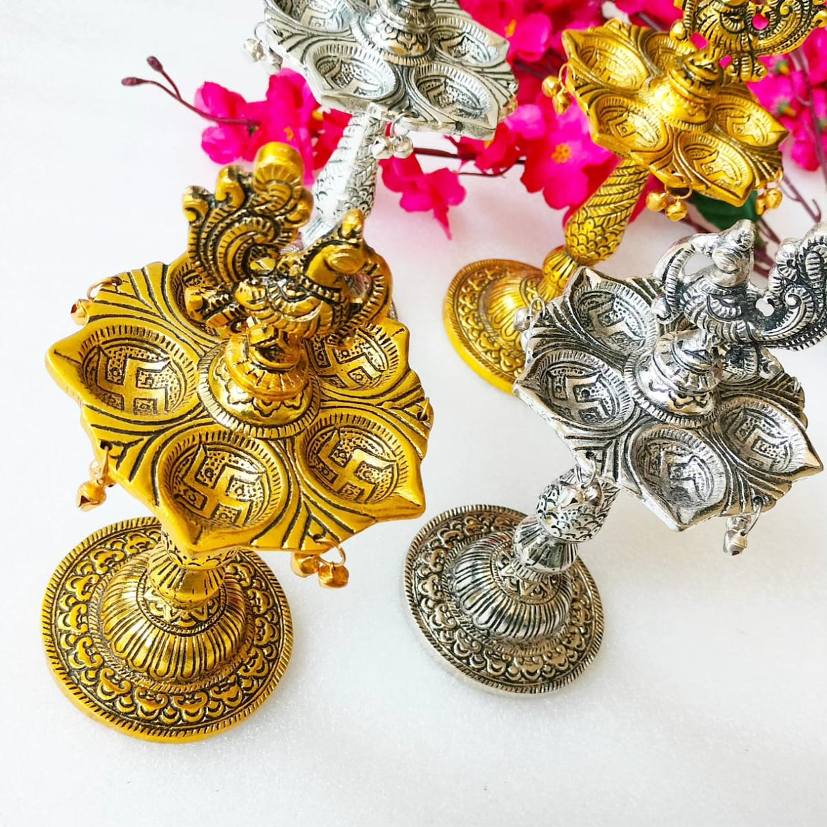 Peacock 5 Wick Deepak Samai in silver(Pair)
