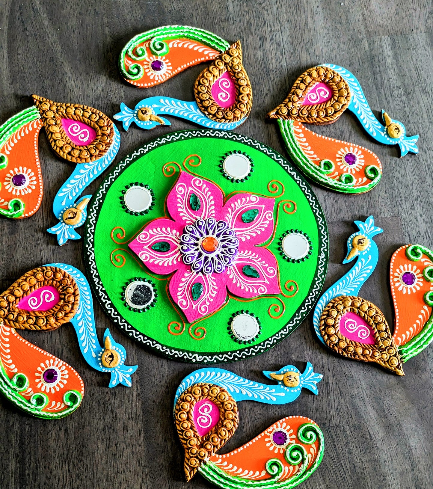 Wooden Peacock Floor Rangoli Set