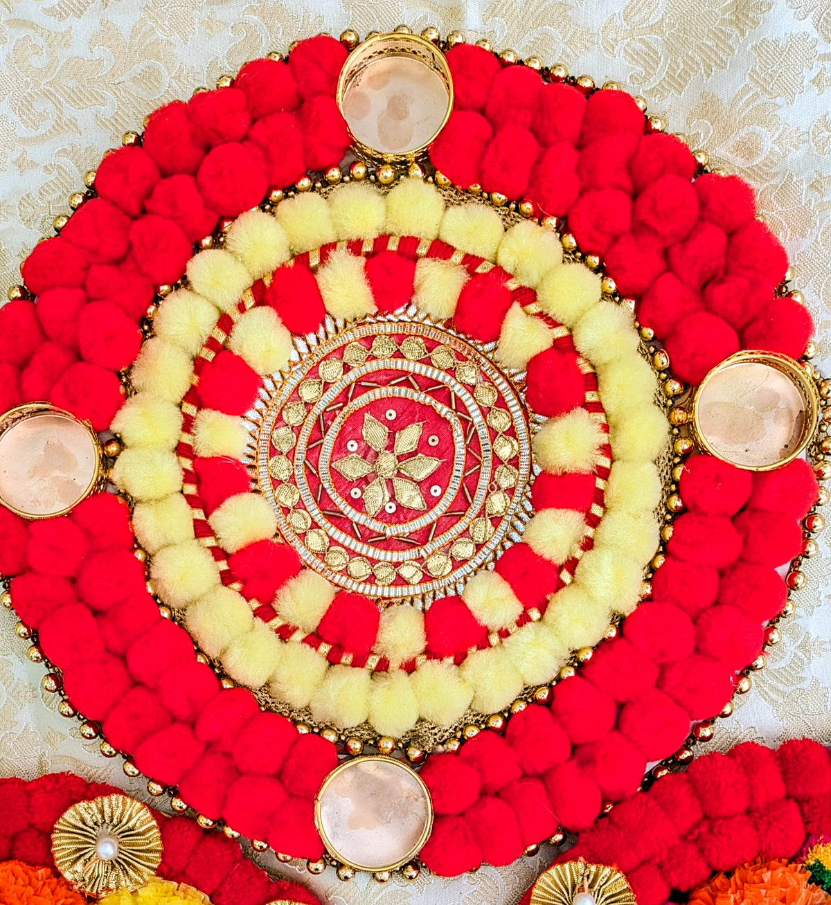 Pompom Diya Rangoli Mat, Handmade Pompom Marigold Tealight Candle Designer Rangoli Mat