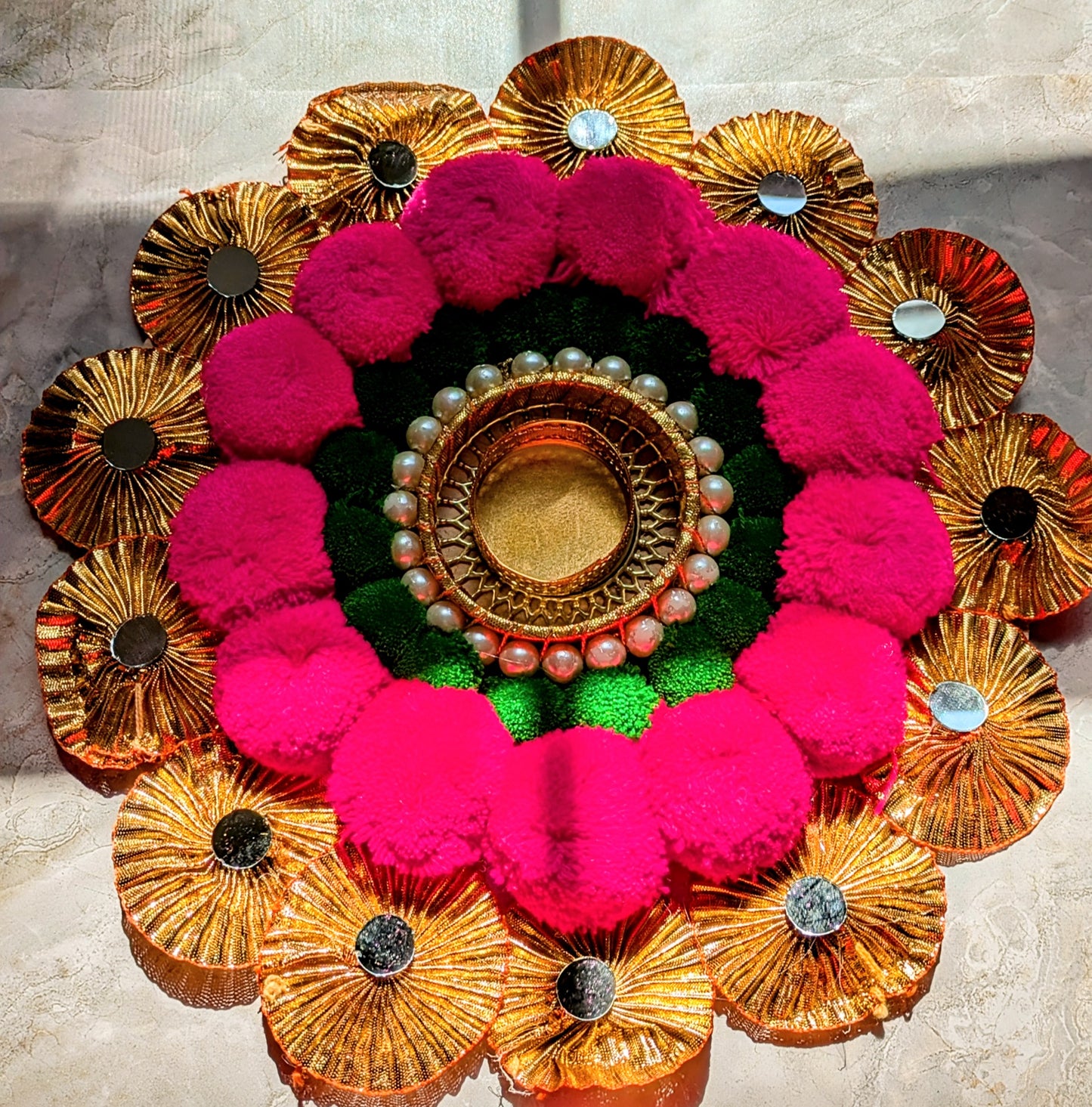 Pom Pom Rangoli Mat, Handmade Pompom Tealight Candle Designer Rangoli Mat
