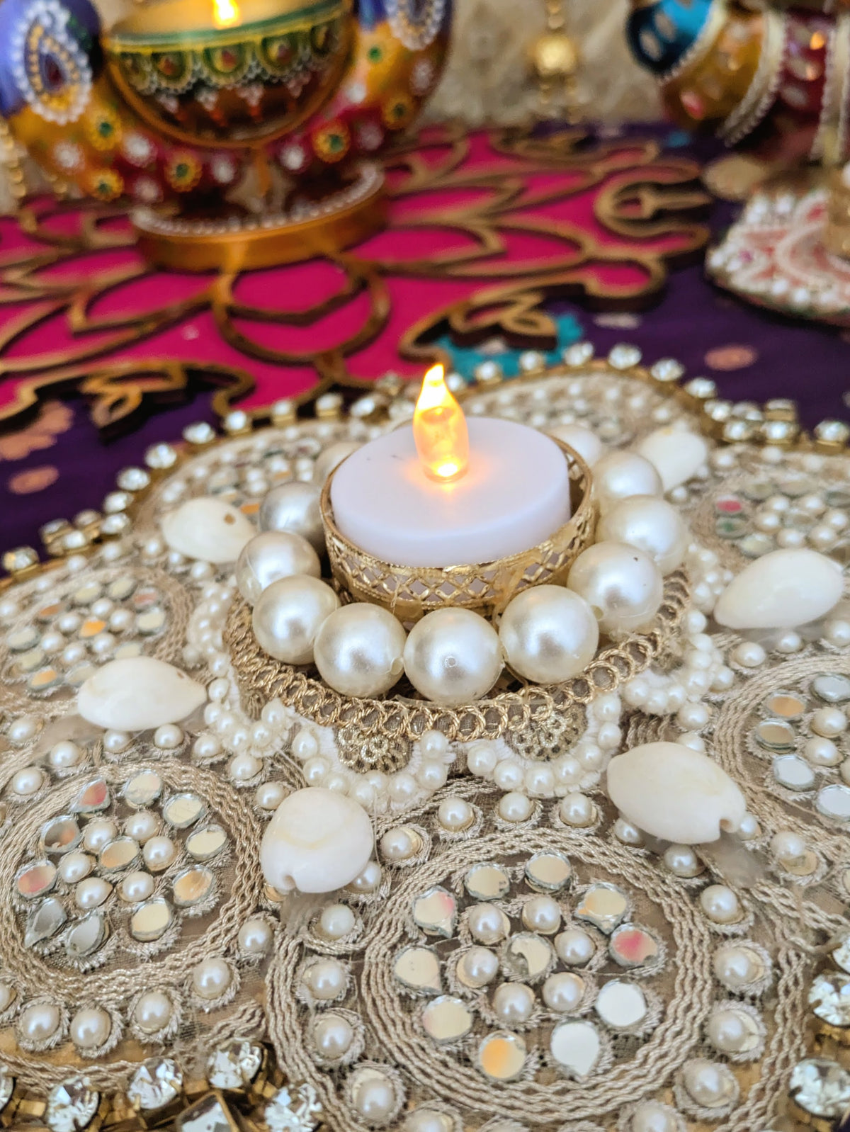 Pearl and Diamond and Stone Studded Silver Rangoli Diya Plate