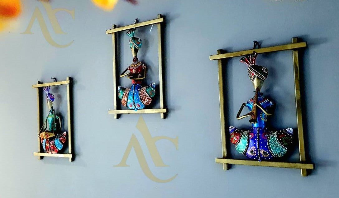 Metal Tribal Rajasthani Musicians Indian Metal Art, Home Decor gift, Metal Sculpture, House Warmimg Gift, Indian Handicrafts, Craft Metalwork ( Set of 3 )