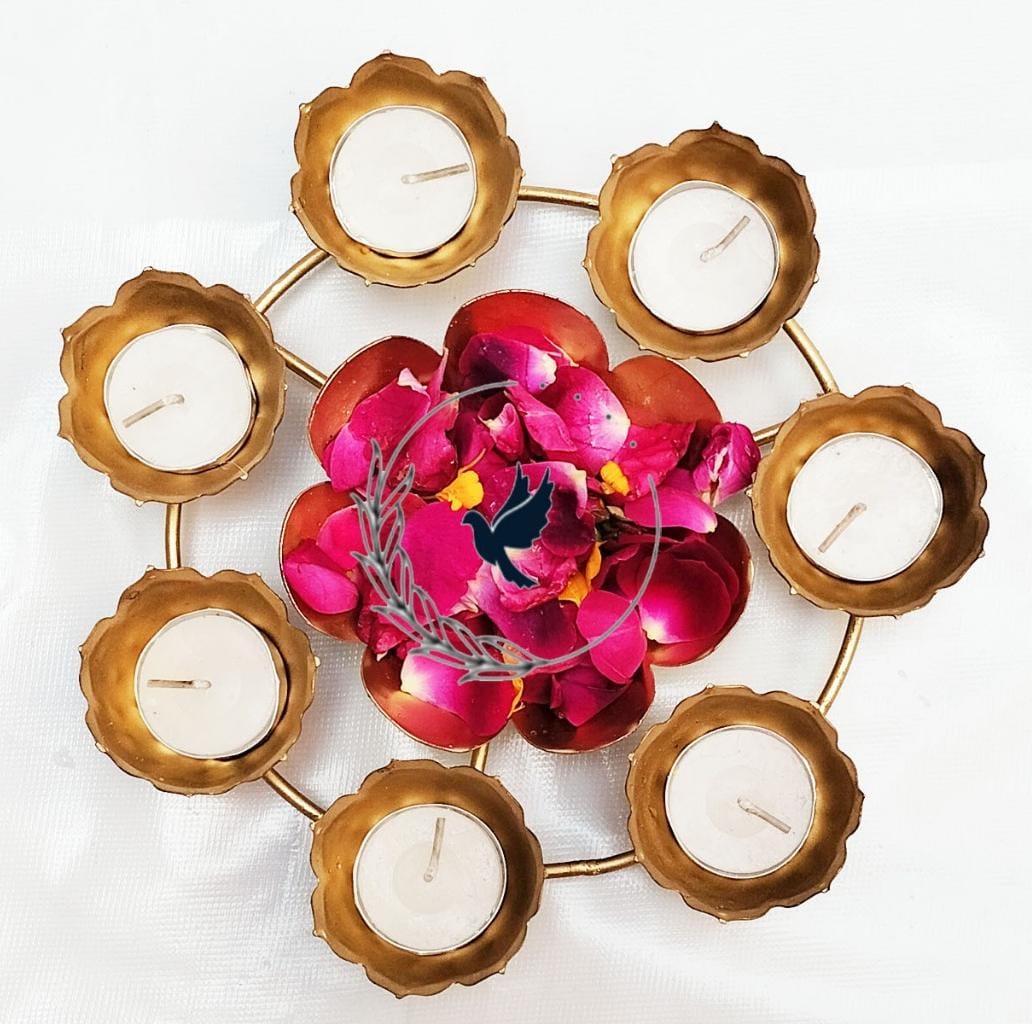 Urli Bowl Handcrafted Kamal Diya Urli Bowl for Floating Flowers and T- Light Candles Holder Small Hammered Rangoli T-Light Stand T-Light Candle Holder for Home Decor Diwali Festival Decoration, Rangoli