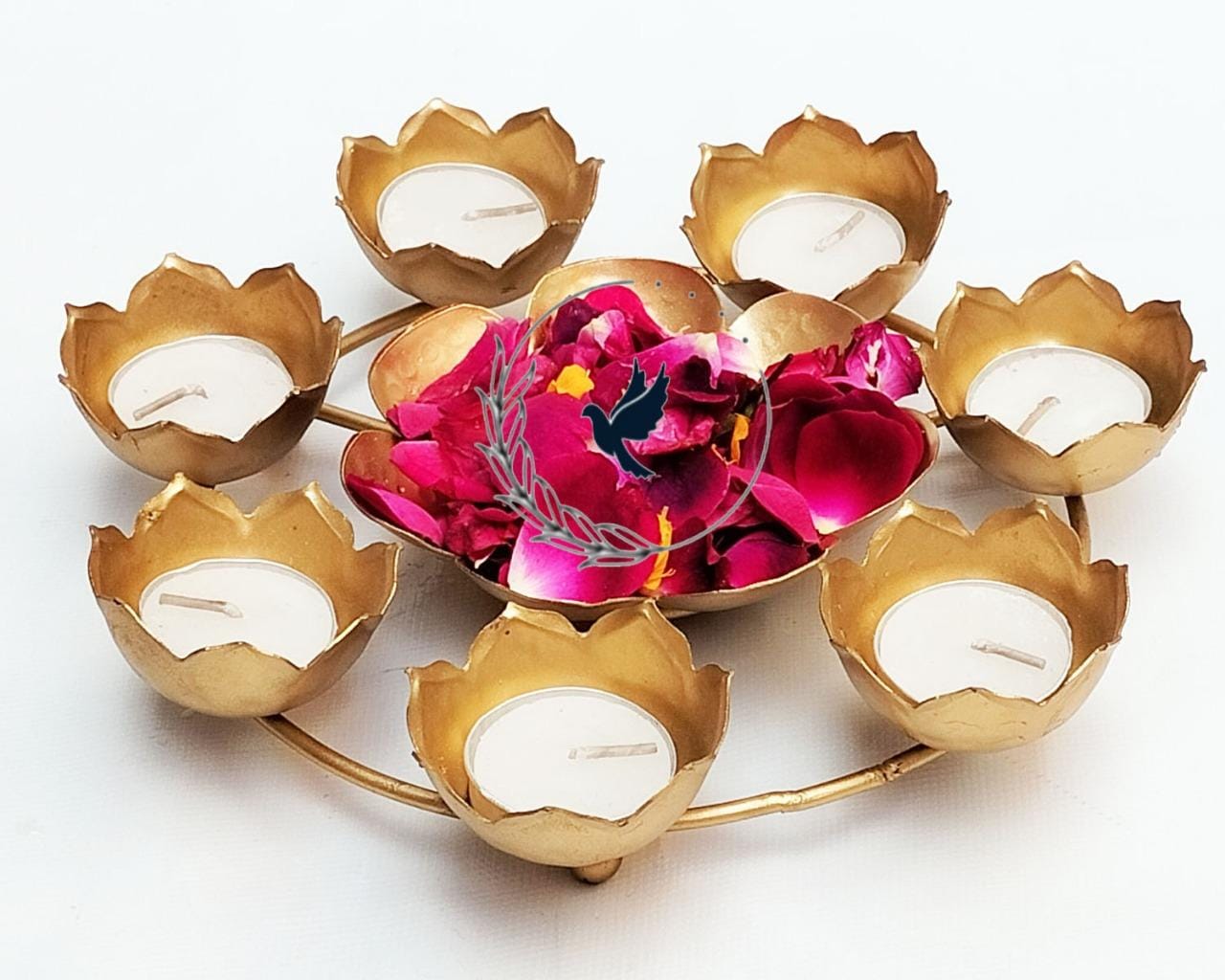 Urli Bowl Handcrafted Kamal Diya Urli Bowl for Floating Flowers and T- Light Candles Holder Small Hammered Rangoli T-Light Stand T-Light Candle Holder for Home Decor Diwali Festival Decoration, Rangoli