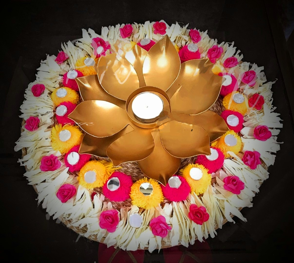 Lotus Pompom Rangoli Diya Mat