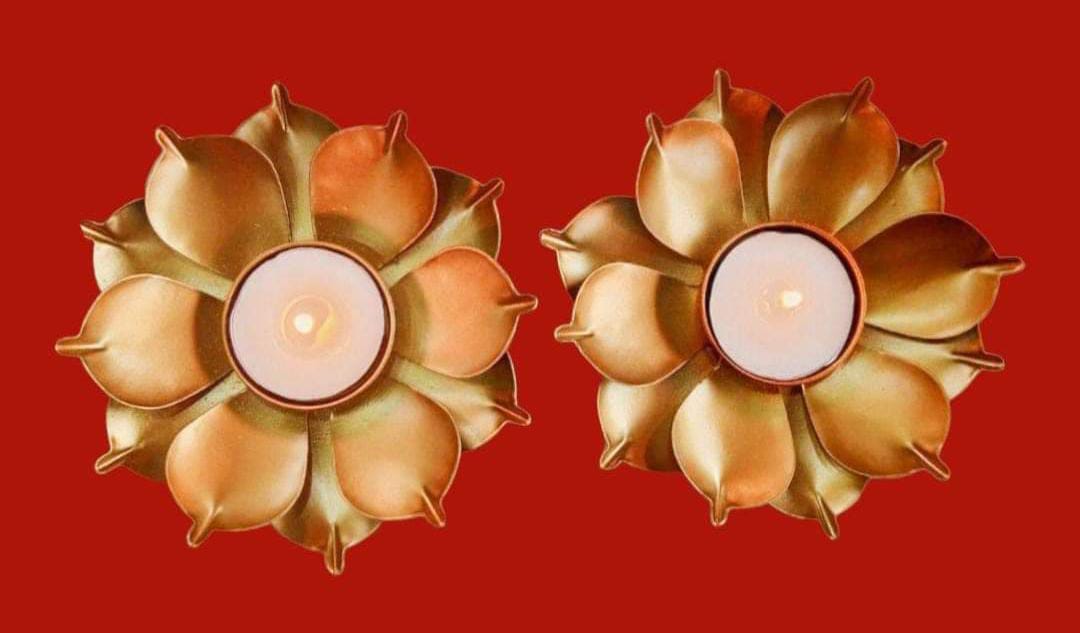 Lotus Diya festive metal floral home decorations, flower-shaped tealight diya.