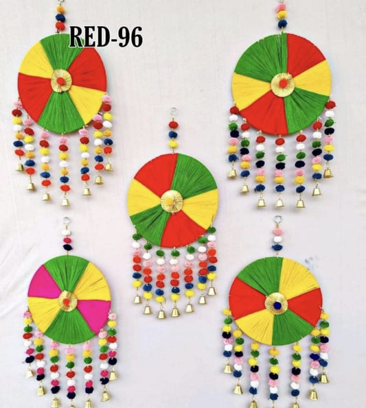 Indian Windchime, Gotta Patti hanging with pompom bells, Dream Catcher With Metal Bells Indian Wedding backdrop Decor Multicolour ( Pack of 2 )