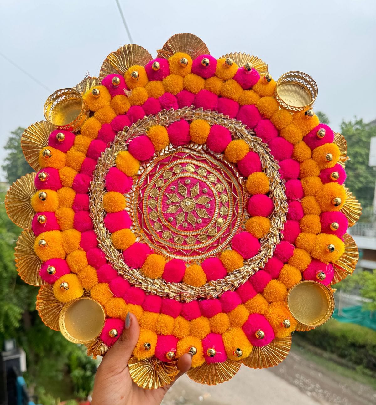 Pompom Diya Rangoli Mat, Handmade Pompom Marigold Tealight Candle Designer Rangoli Mat