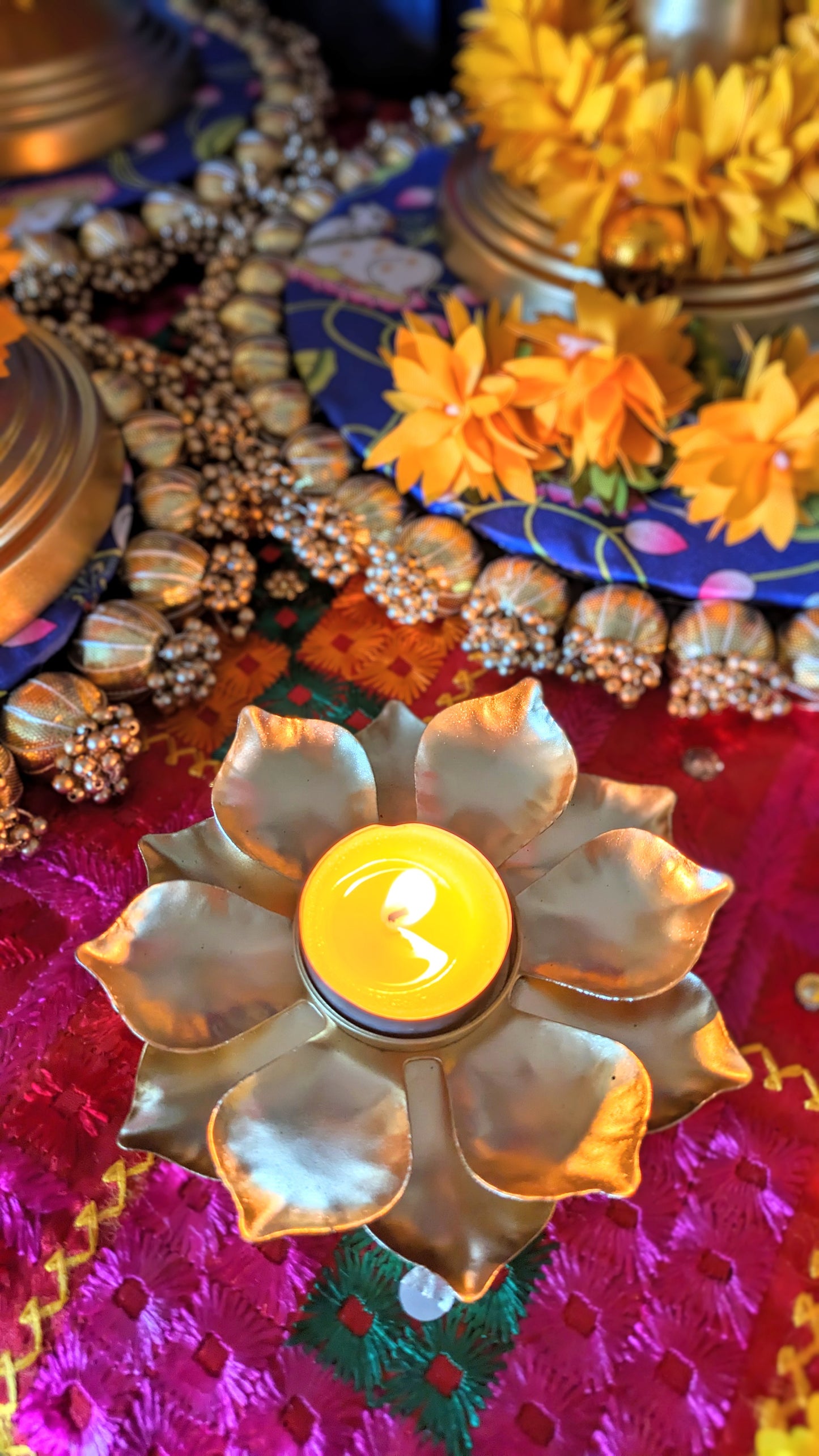 Lotus Diya festive metal floral home decorations, flower-shaped tealight diya.