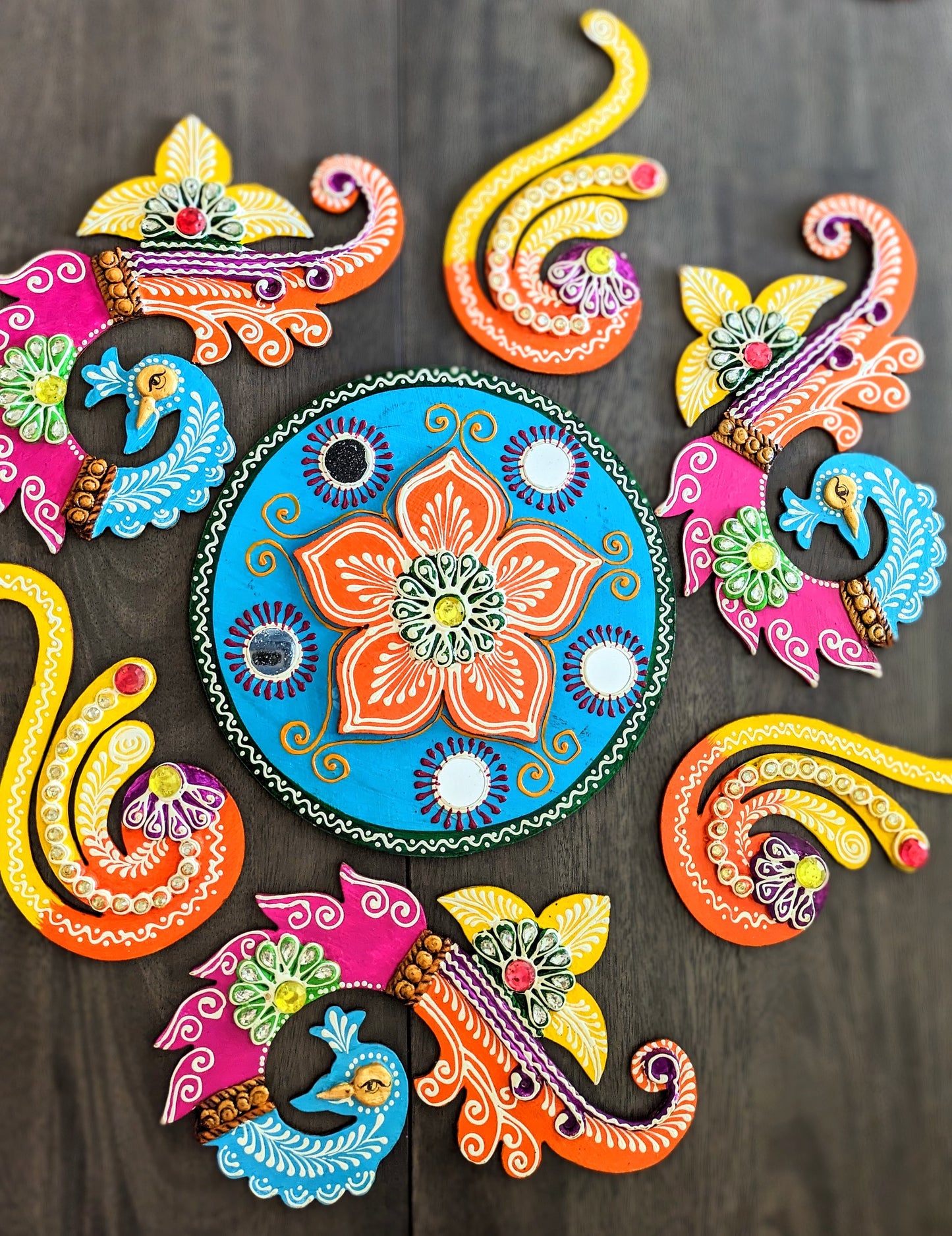 Wooden  Peacock Floor Rangoli Set