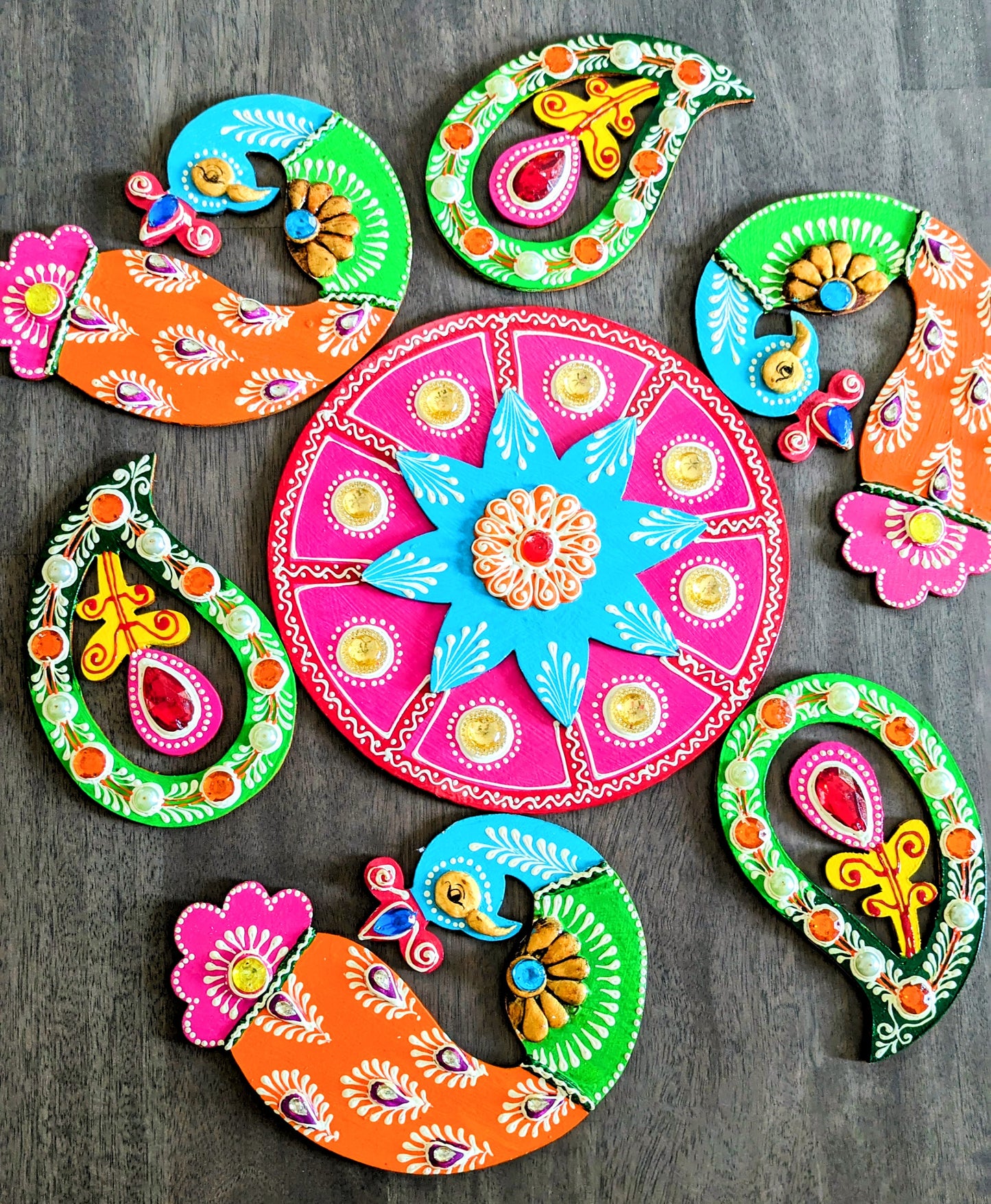 Wooden  Peacock Floor Rangoli Set