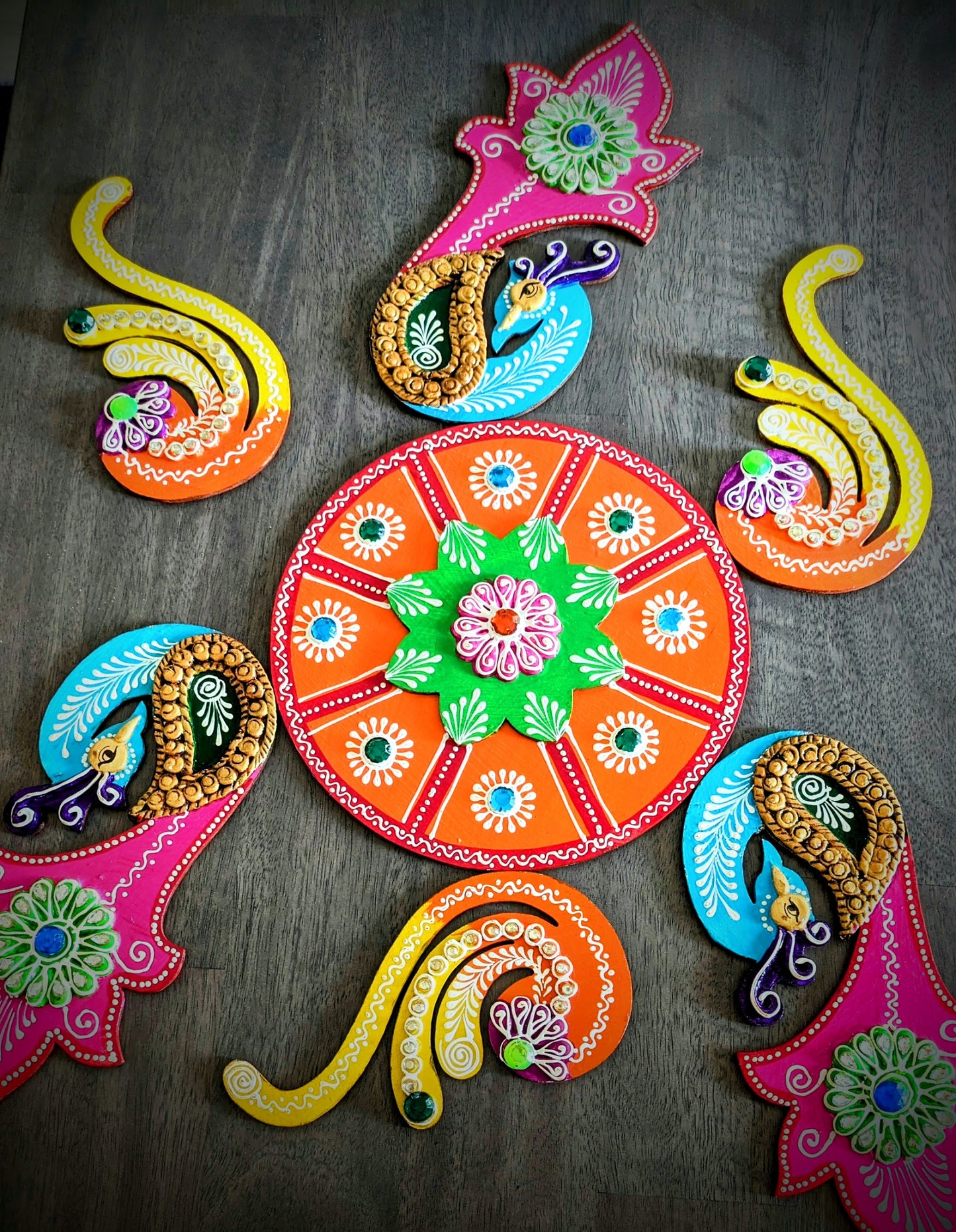 Wooden  Peacock Floor Rangoli Set