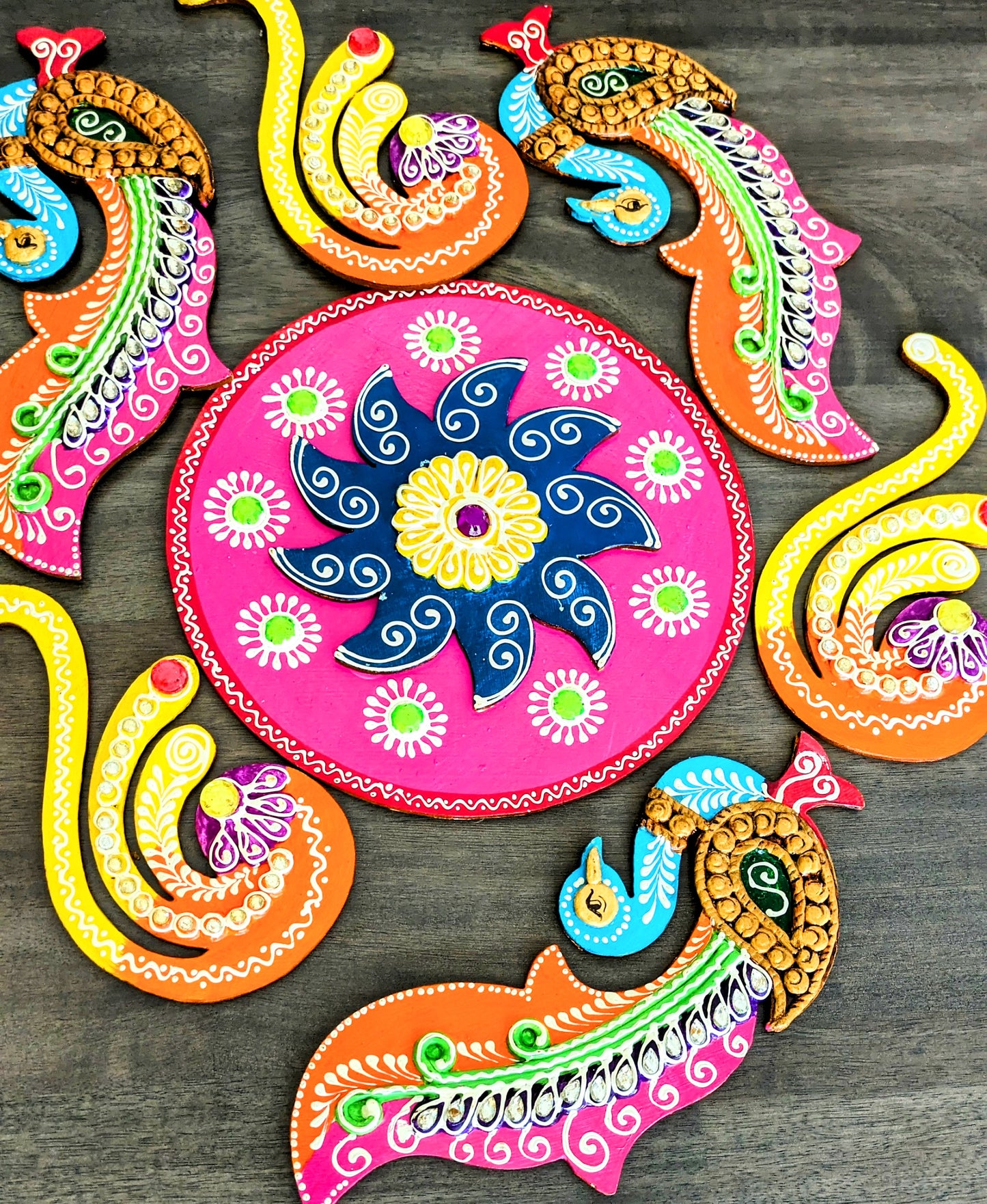Wooden  Peacock Floor Rangoli Set