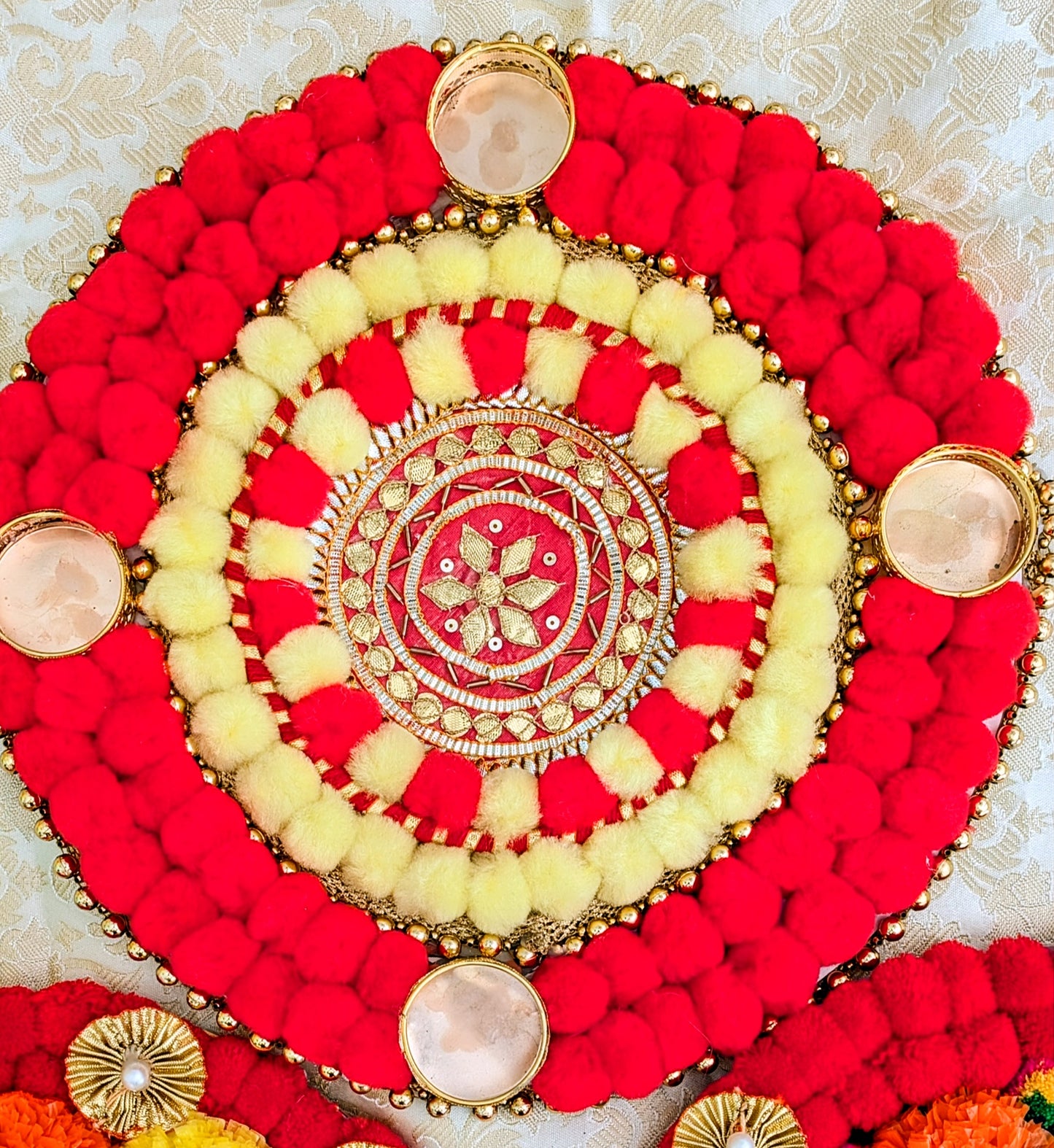 Pompom Diya Rangoli Mat, Handmade Pompom Marigold Tealight Candle Designer Rangoli Mat