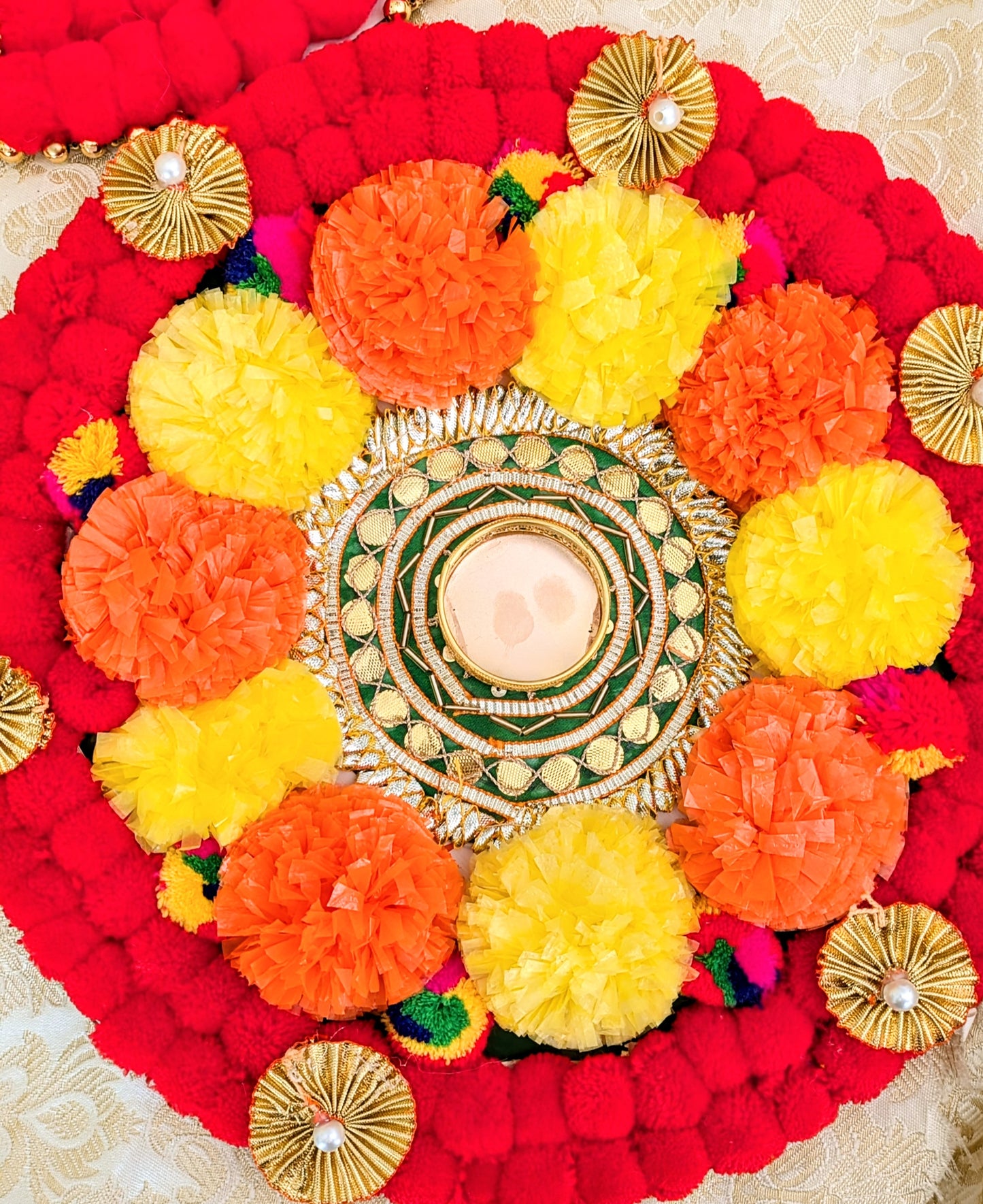Pompom Diya Rangoli Mat, Handmade Pompom Marigold Tealight Candle Designer Rangoli Mat