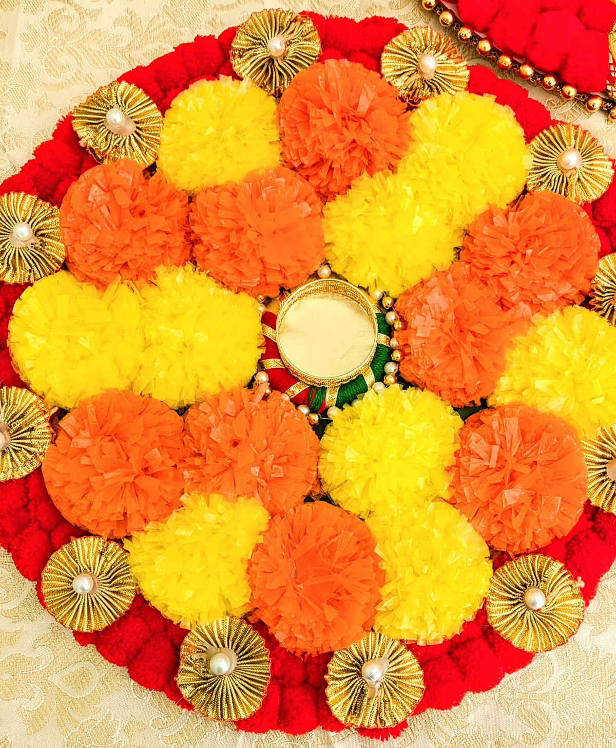 Pompom Diya Rangoli Mat, Handmade Pompom Marigold Tealight Candle Designer Rangoli Mat