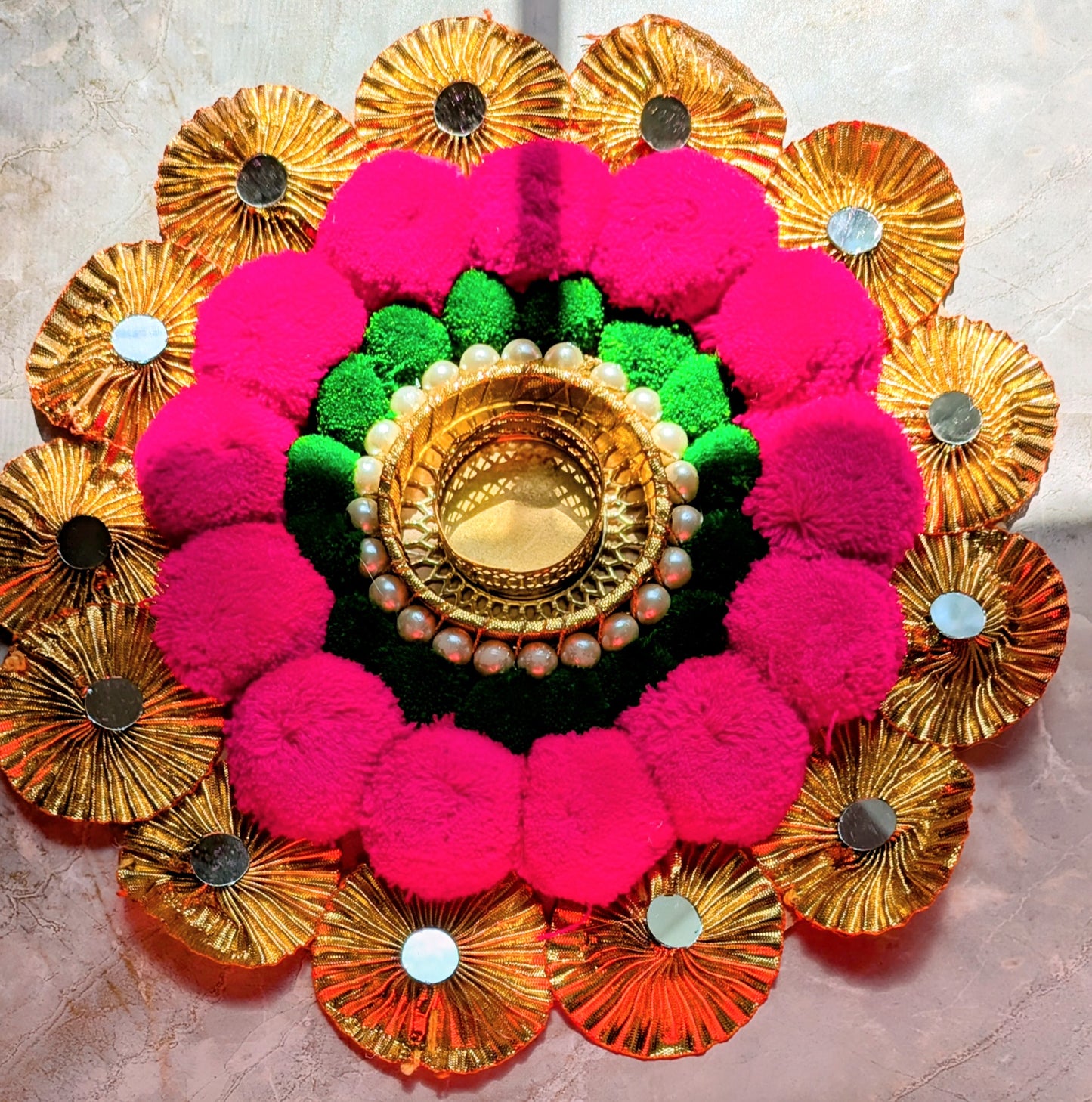Pom Pom Rangoli Mat, Handmade Pompom Tealight Candle Designer Rangoli Mat