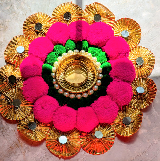 Pom Pom Rangoli Mat, Handmade Pompom Tealight Candle Designer Rangoli Mat