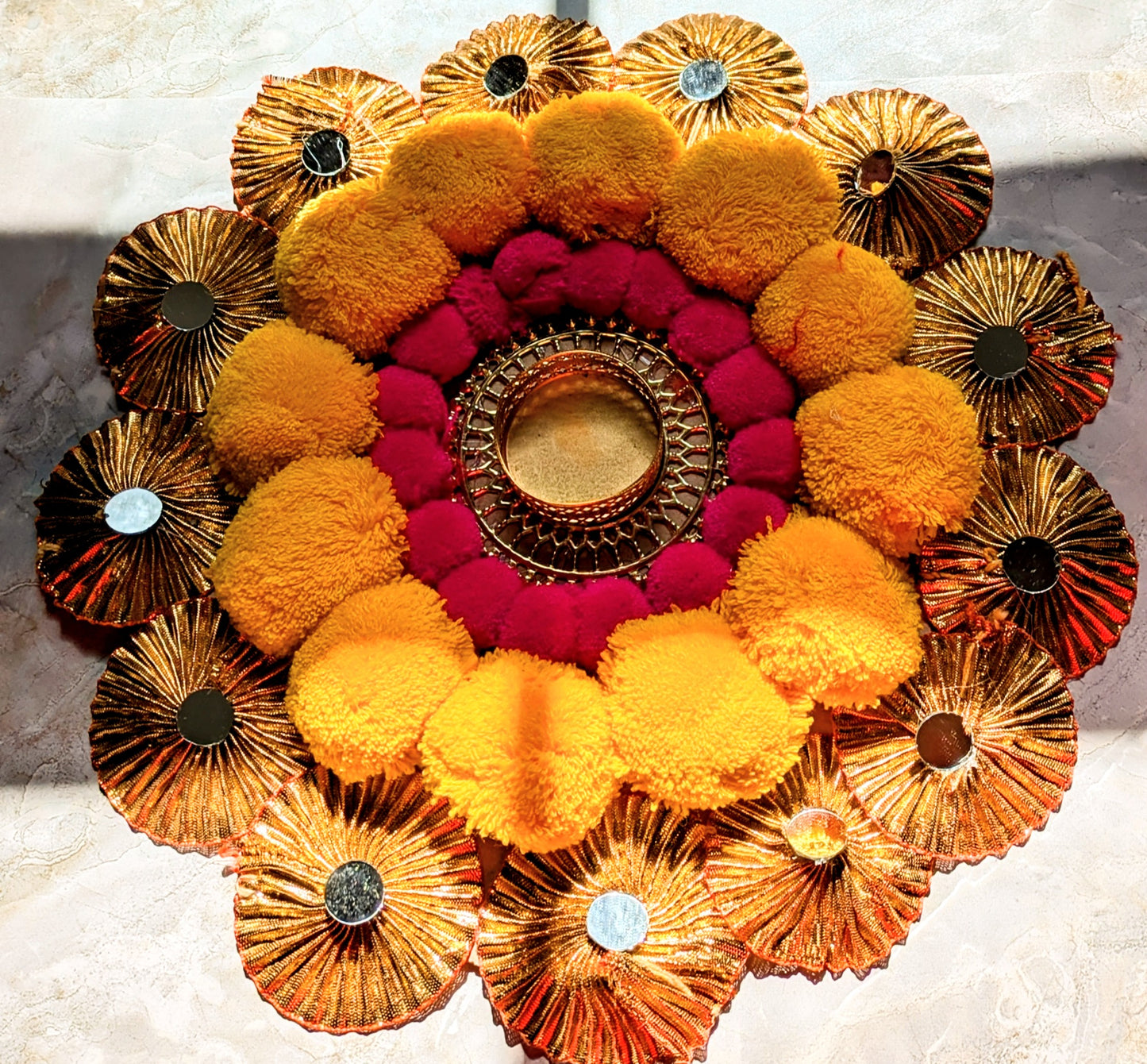 Pom Pom Rangoli Mat, Handmade Pompom Tealight Candle Designer Rangoli Mat