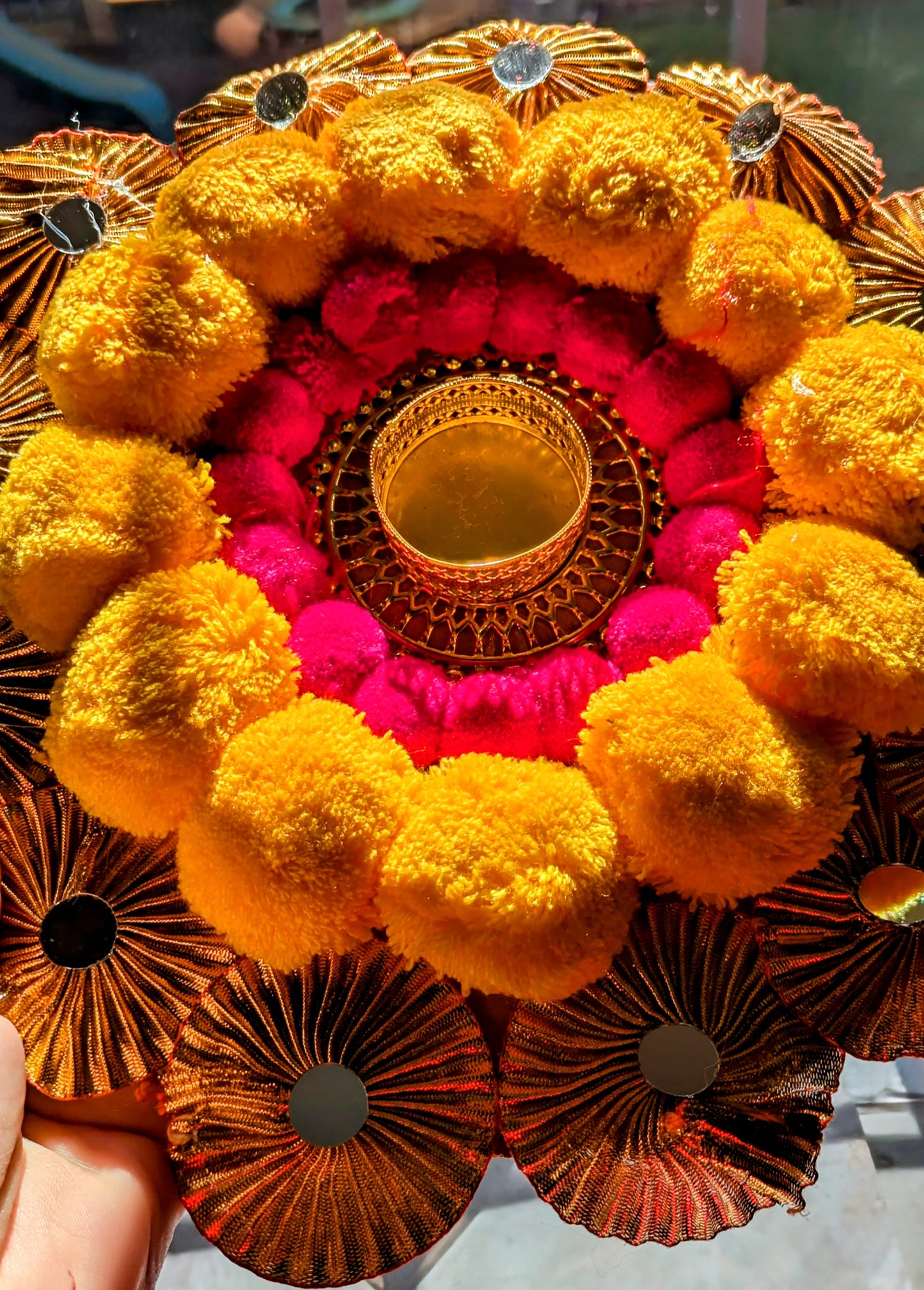 Pom Pom Rangoli Mat, Handmade Pompom Tealight Candle Designer Rangoli Mat