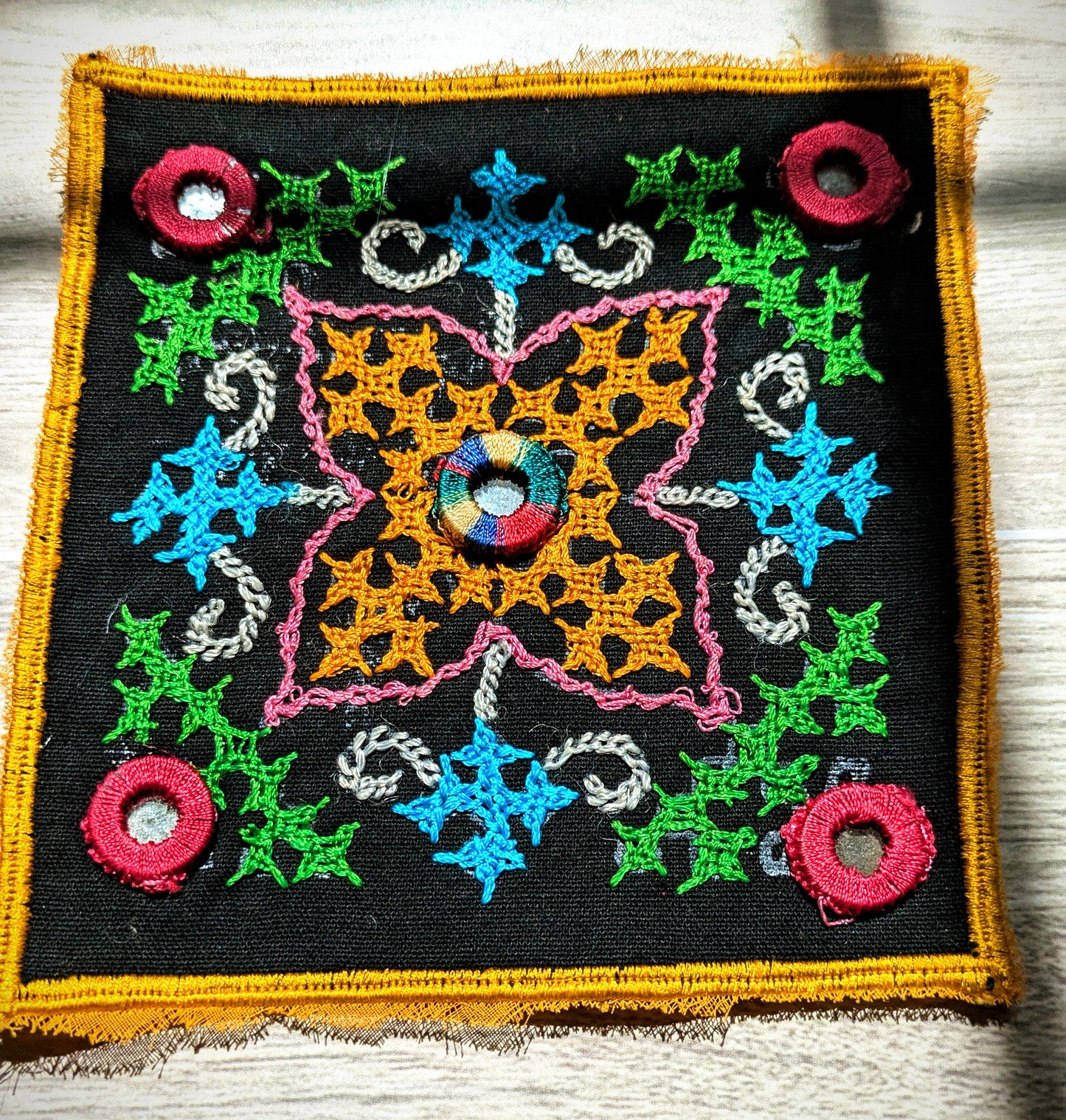 Indian Handmade Needle Embroidery Square Shaped Patch, Kutch Rabari Embroidered Dresses Mirror Patches