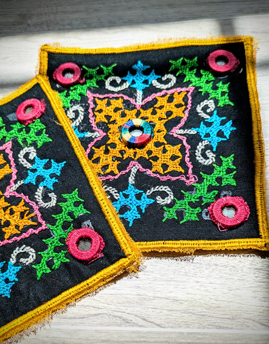 Indian Handmade Needle Embroidery Square Shaped Patch, Kutch Rabari Embroidered Dresses Mirror Patches