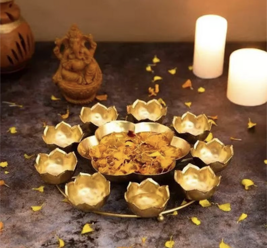 Urli Bowl Handcrafted Kamal Diya Urli Bowl for Floating Flowers and T- Light Candles Holder Small Hammered Rangoli T-Light Stand T-Light Candle Holder for Home Decor Diwali Festival Decoration, Rangoli