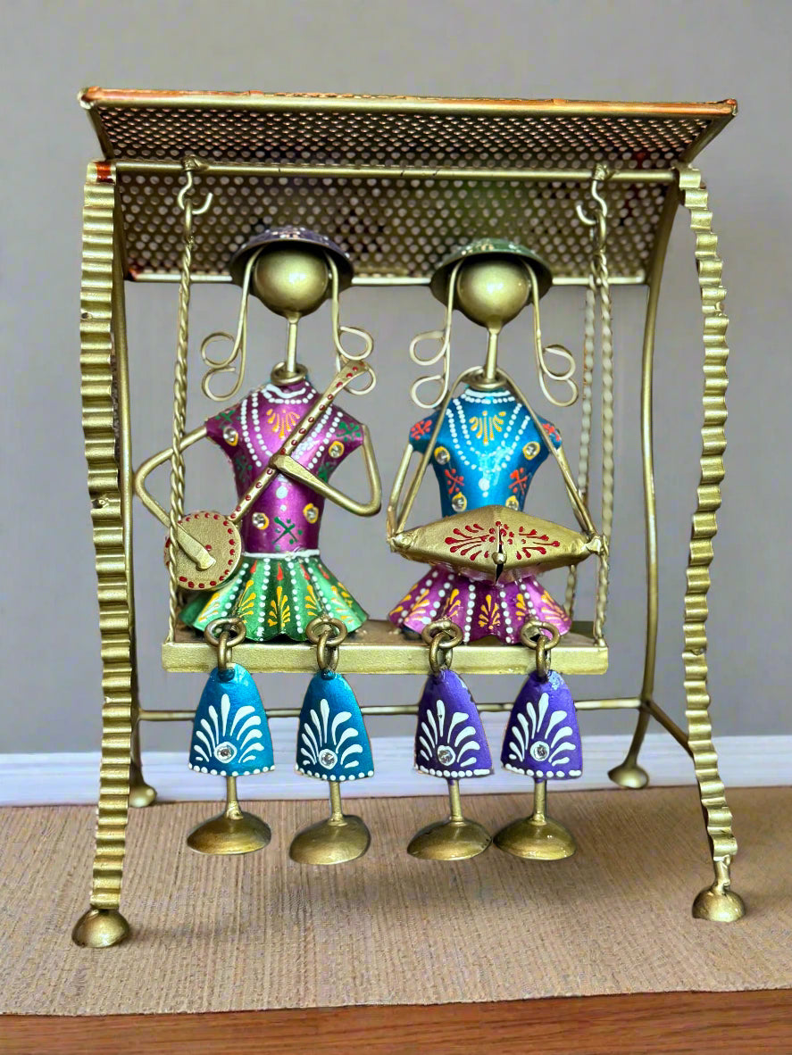 Rajasthani Tribal Musician Swing Table Decor, Metal Musicians Statue, Wrought Iron Metal Showpiece, House Warming Gift, Indian Handicrafts