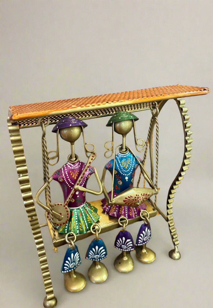 Rajasthani Tribal Musician Swing Table Decor, Metal Musicians Statue, Wrought Iron Metal Showpiece, House Warming Gift, Indian Handicrafts