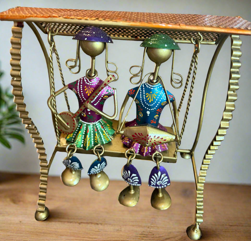 Rajasthani Tribal Musician Swing Table Decor, Metal Musicians Statue, Wrought Iron Metal Showpiece, House Warming Gift, Indian Handicrafts