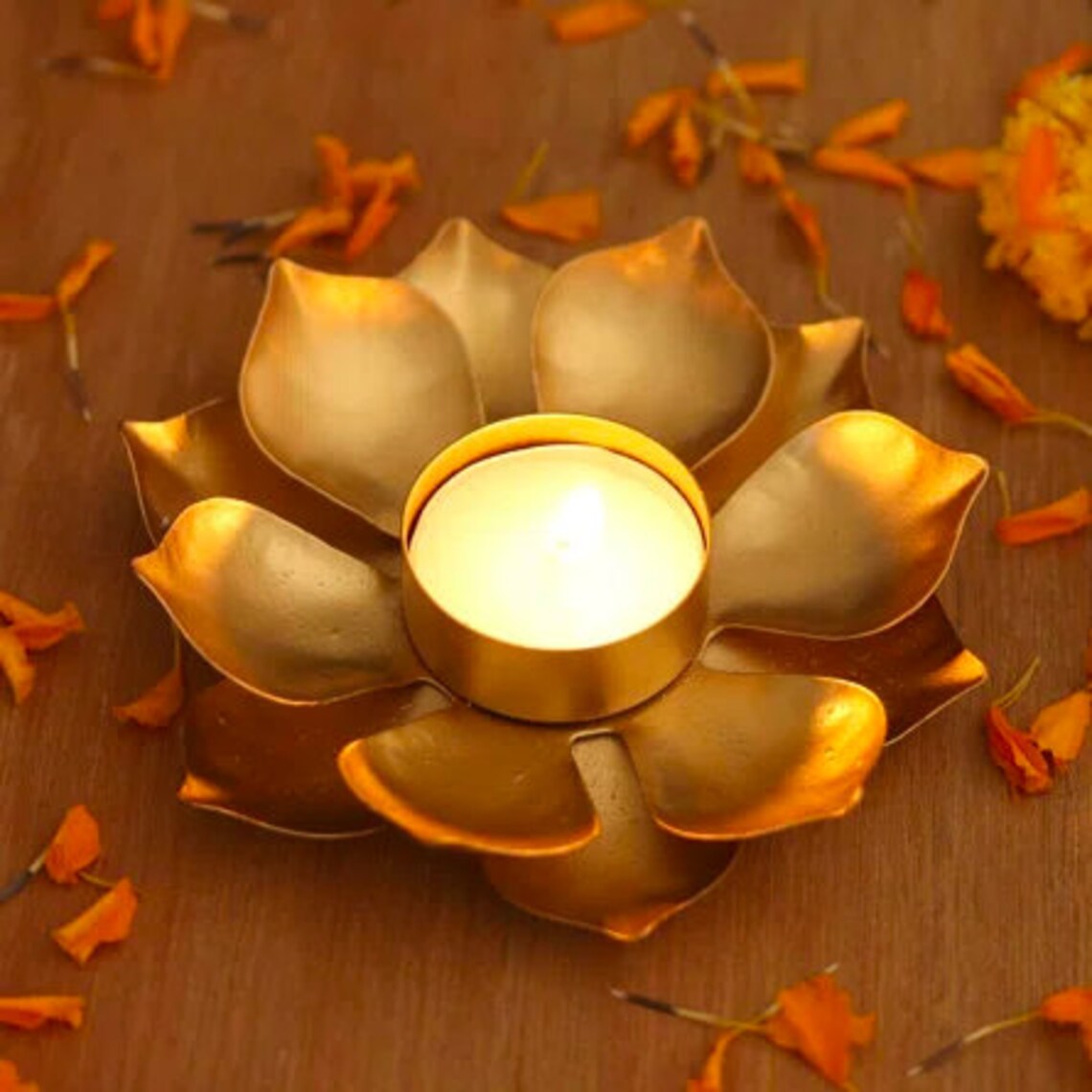 Lotus Diya festive metal floral home decorations, flower-shaped tealight diya.