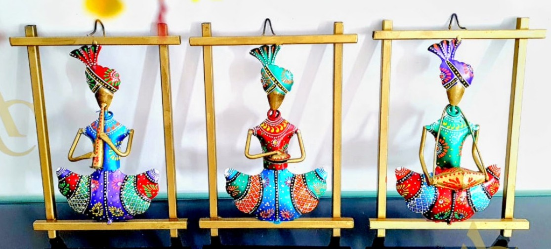 Metal Tribal Rajasthani Musicians Indian Metal Art, Home Decor gift, Metal Sculpture, House Warmimg Gift, Indian Handicrafts, Craft Metalwork ( Set of 3 )