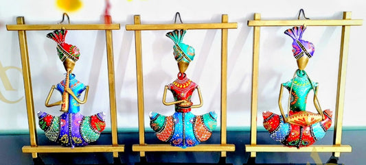 Metal Tribal Rajasthani Musicians Indian Metal Art, Home Decor gift, Metal Sculpture, House Warmimg Gift, Indian Handicrafts, Craft Metalwork ( Set of 3 )