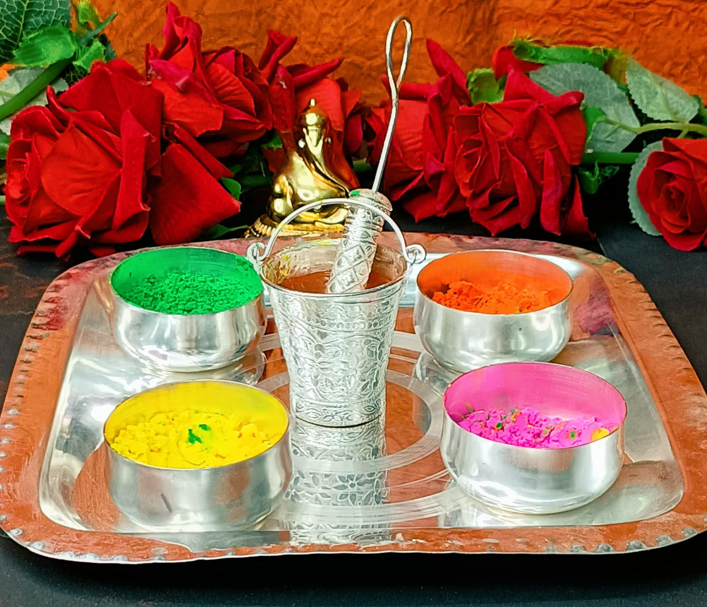 German silver Holi Combo Pichkari Bucket set with colour Bowl