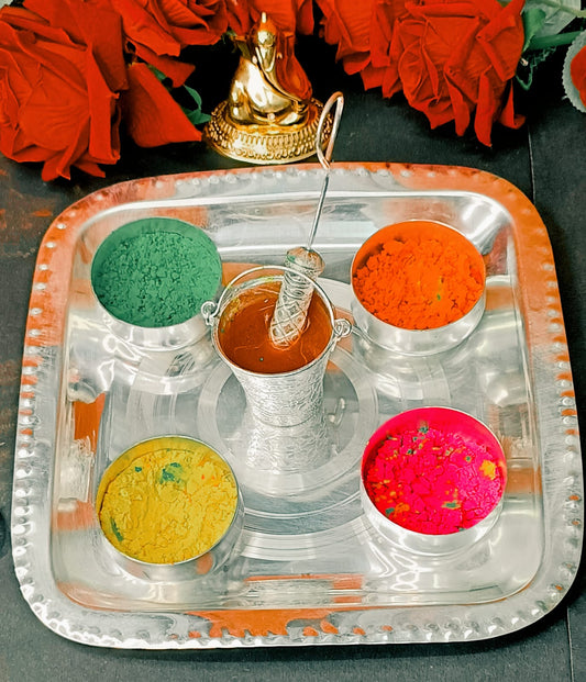German silver Holi Combo Pichkari Bucket set with colour Bowl