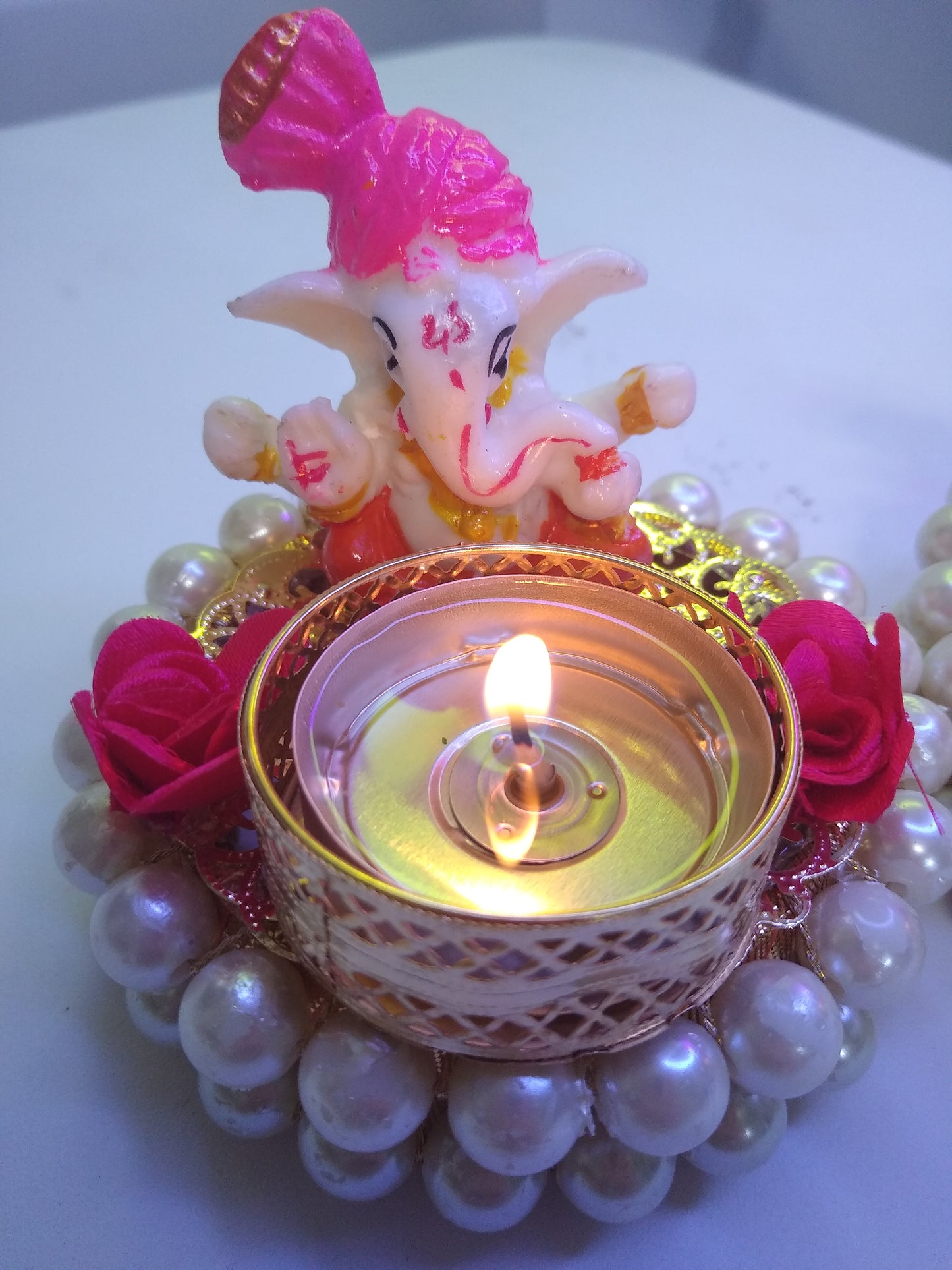 Lord Ganesha On Bangles ShowPiece Figurine l Home Decor I Ganesha on Golden Plate with a Candle Stand for Diwali Puja & Diwali Gift