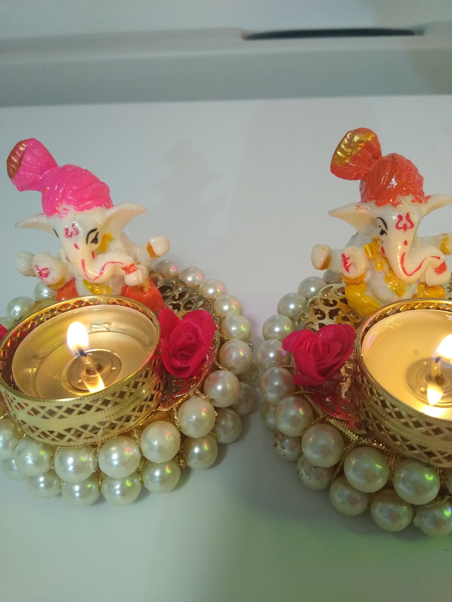 Lord Ganesha On Bangles ShowPiece Figurine l Home Decor I Ganesha on Golden Plate with a Candle Stand for Diwali Puja & Diwali Gift