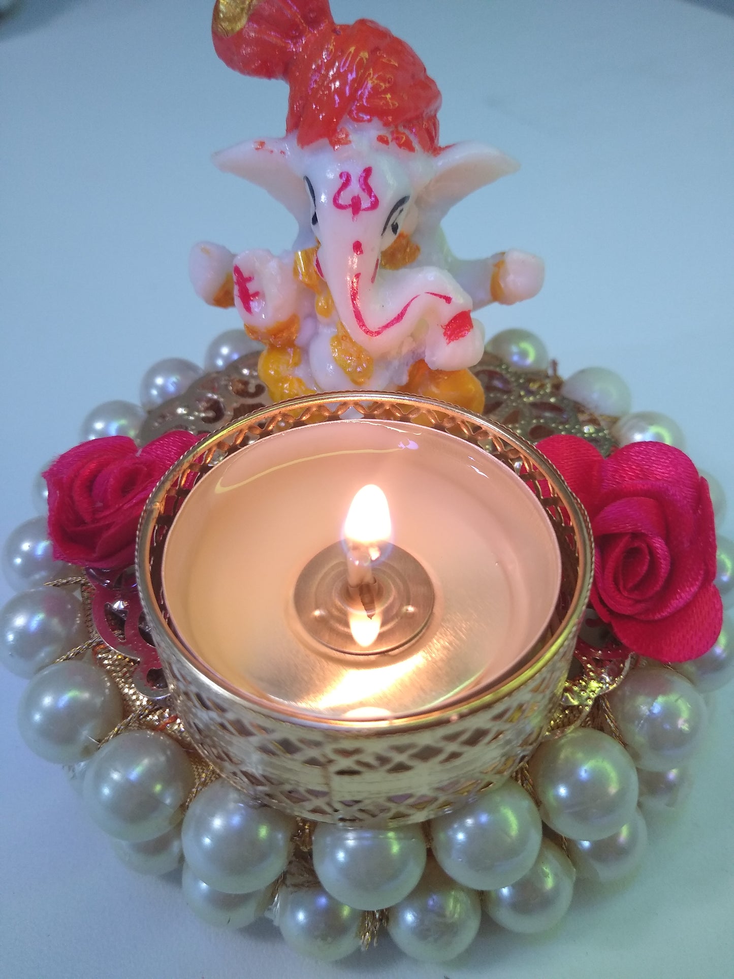 Lord Ganesha On Bangles ShowPiece Figurine l Home Decor I Ganesha on Golden Plate with a Candle Stand for Diwali Puja & Diwali Gift
