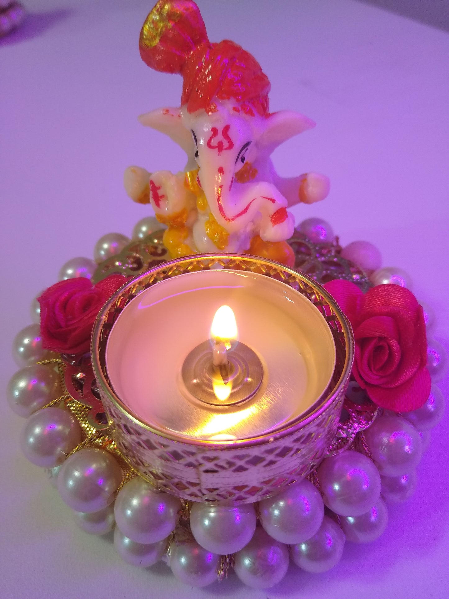 Lord Ganesha On Bangles ShowPiece Figurine l Home Decor I Ganesha on Golden Plate with a Candle Stand for Diwali Puja & Diwali Gift