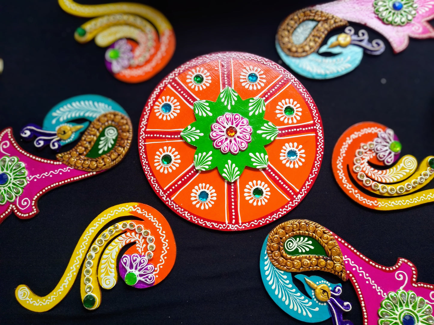 Wooden  Peacock Floor Rangoli Set