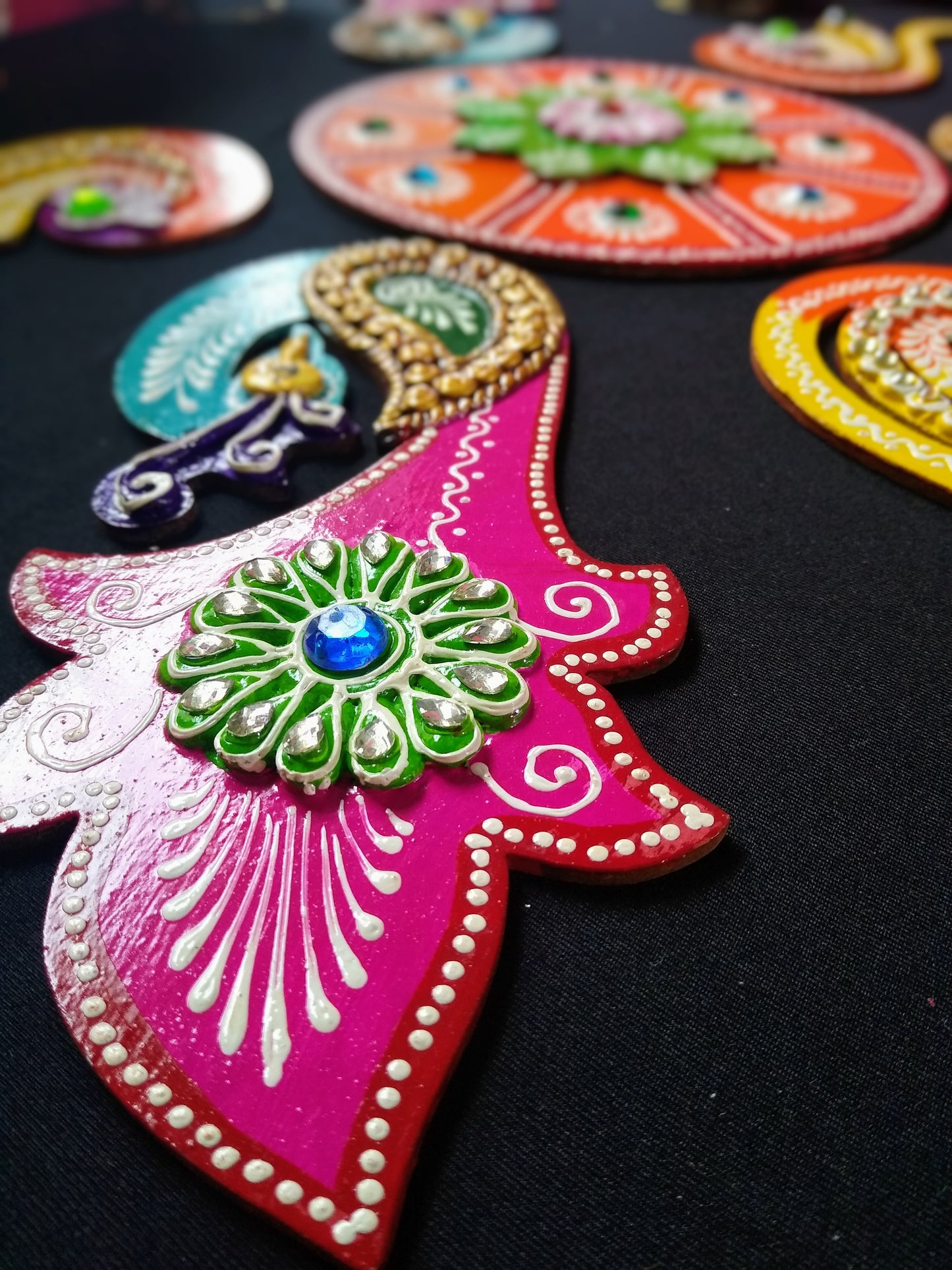 Wooden  Peacock Floor Rangoli Set
